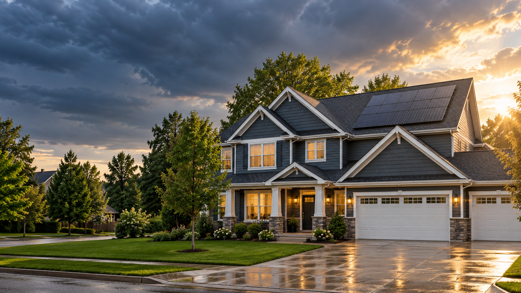 A Midwest home with a charcoal roof and solar panels beneath clearing storm clouds